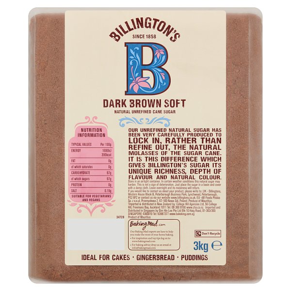 Billington's Dark Brown Soft Natural Unrefined Cane Sugar 3kg