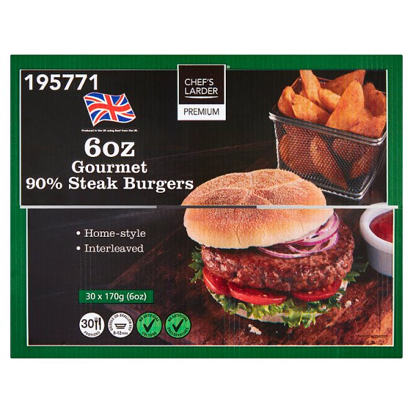 Chef's Larder Premium 6oz Gourmet 90% Steak Burgers 5.1kg