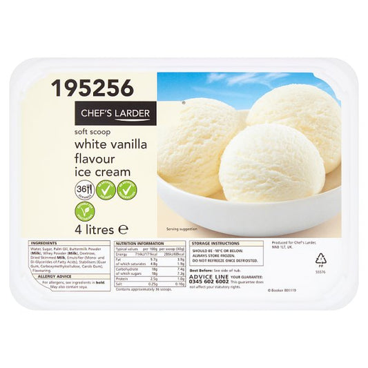 Chef's Larder Soft Scoop White Vanilla Flavour Ice Cream 4 Litres