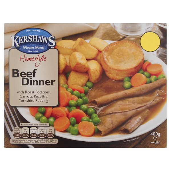 Kershaws Homestyle Beef Dinner with Roast Potatoes, Carrots, Peas & a Yorkshire Pudding 400g