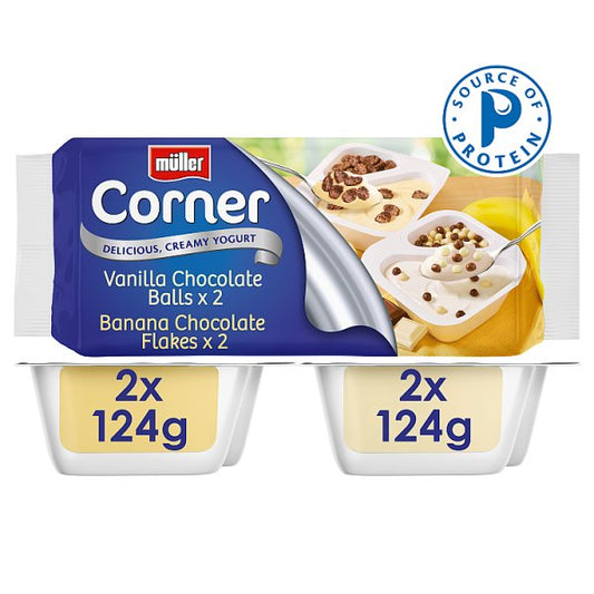 Müller Corner Vanilla Chocolate Balls and Banana Chocolate Flakes Family Pack 4 x 124g (496g)