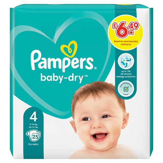 Pampers Baby-Dry Size 4, 25 Nappies, 9kg - 14kg, Carry Pack, Up To 12h Protection