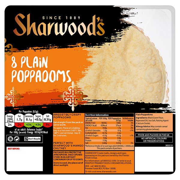 Sharwood's 8 Plain Poppadoms