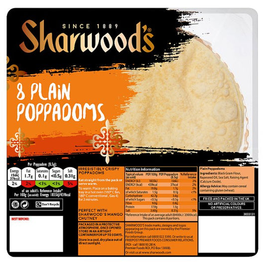 Sharwood's 8 Plain Poppadoms