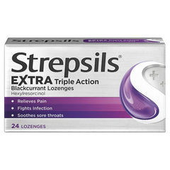 Strepsils Extra Triple Action Blackcurrant Lozenges 24 Lozenges