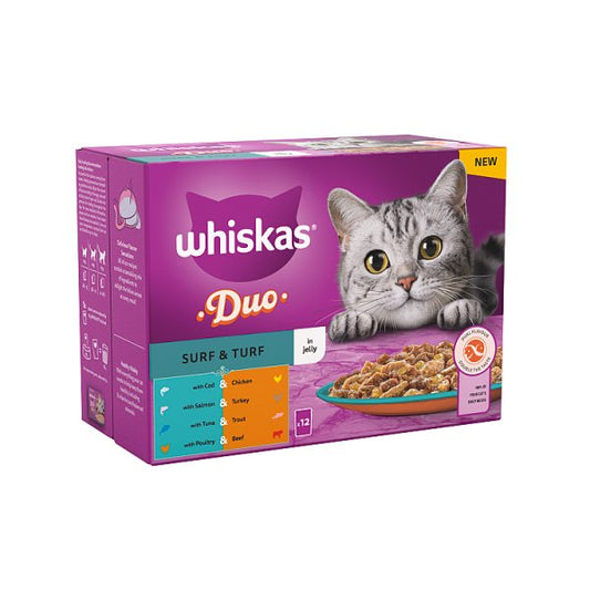 Whiskas 1+ Duo Surf and Turf Adult Wet Cat Food Pouches in Jelly 85g