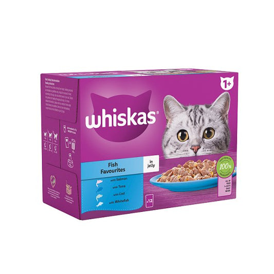 Whiskas 1+ Fish Favourites Adult Wet Cat Food Pouches in Jelly 12 x 85g