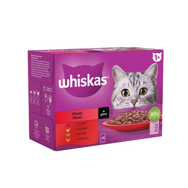 Whiskas 1+ Meaty Meals Adult Wet Cat Food Pouches in Gravy 12 x 85g